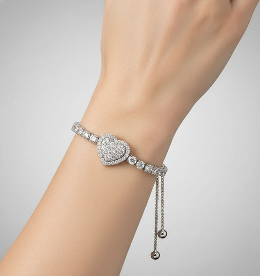Adjustable Diamond Heart Tennis Bracelet | Sterling Silver Bolo Clasp