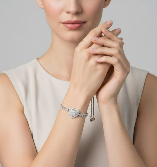 Adjustable Diamond Heart Tennis Bracelet | Sterling Silver Bolo Clasp