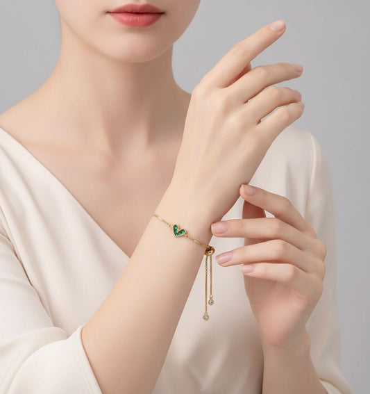 Adjustable Gold Heart Bracelet with Green Zircon Stones