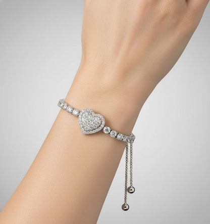 Adjustable Diamond Heart Tennis Bracelet | Sterling Silver Bolo Clasp
