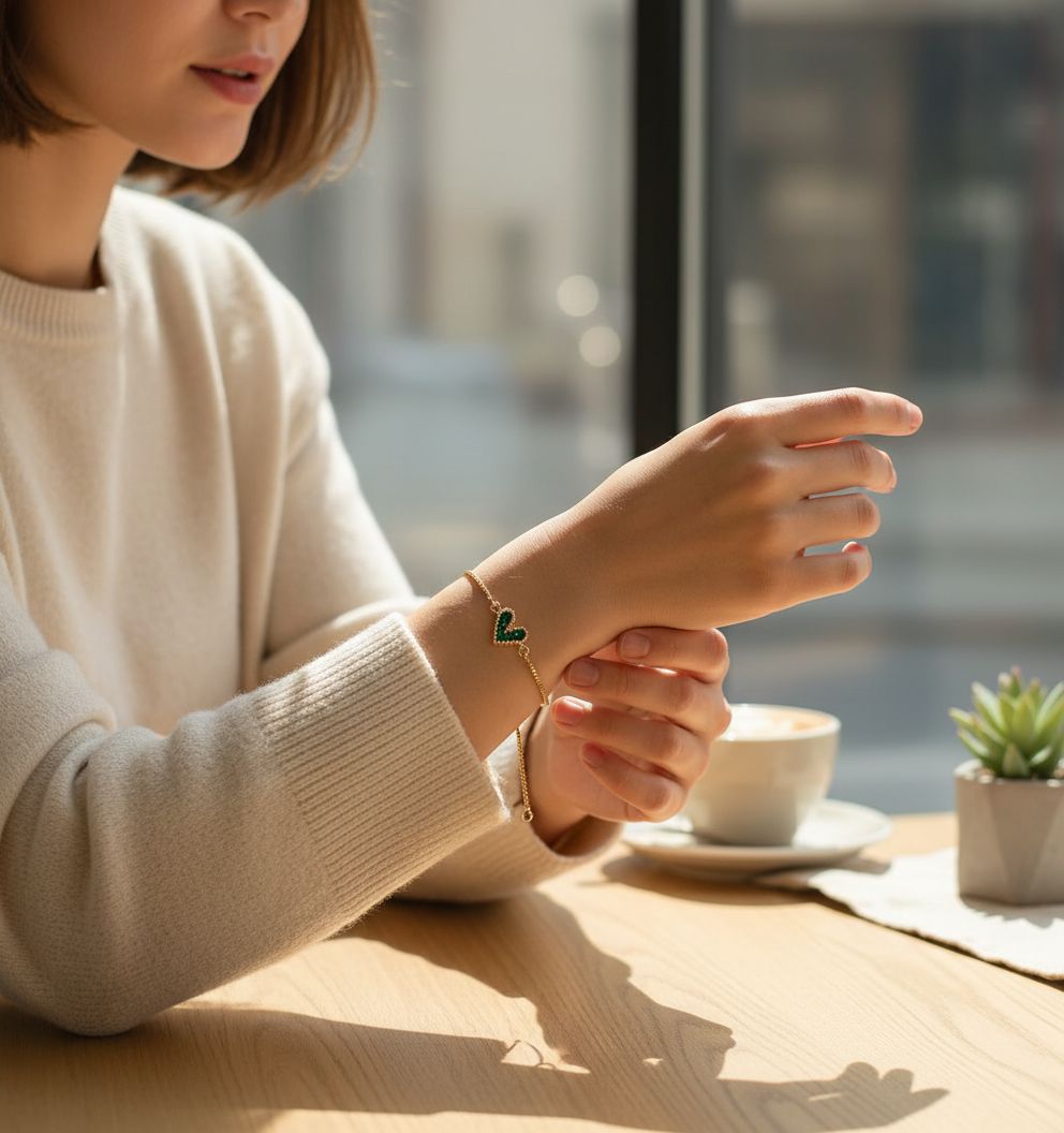 Adjustable Gold Heart Bracelet with Green Zircon Stones