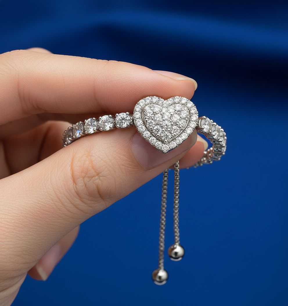 Adjustable Diamond Heart Tennis Bracelet | Sterling Silver Bolo Clasp