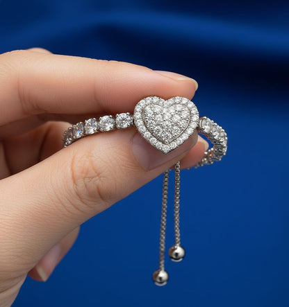 Adjustable Diamond Heart Tennis Bracelet | Sterling Silver Bolo Clasp