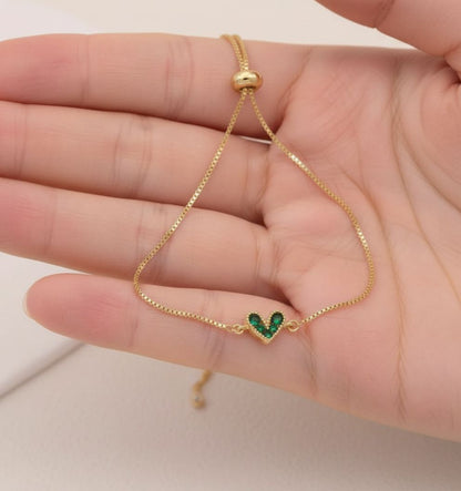 Adjustable Gold Heart Bracelet with Green Zircon Stones